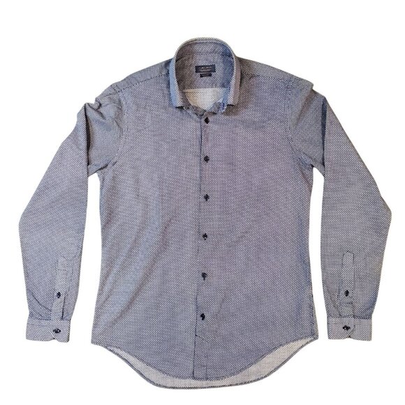 ZARA Shirt Mens Large Slim Fit Long Sleeve Blue Cotton Button Up Geometric Print - Picture 3 of 9
